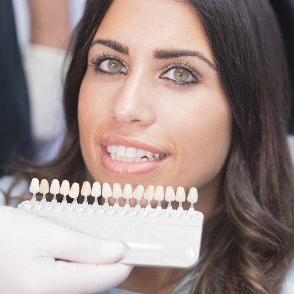 Woman trying on veneers