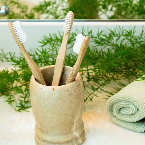 Toothbrushes in a clay cup